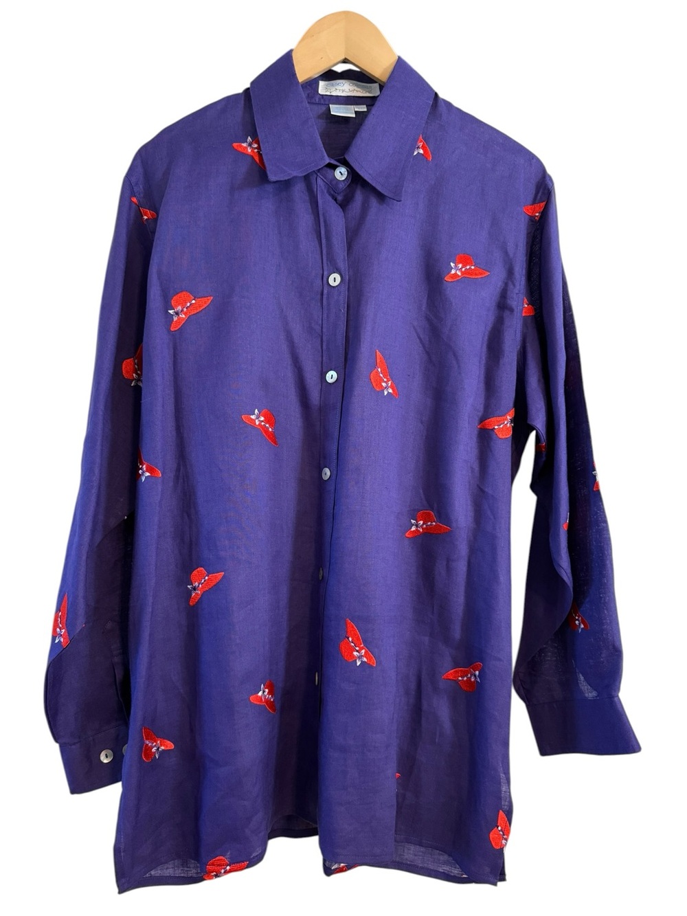 Casey Coleman 100% Linen Purple Button Shirt Embroidered Red Hats 90s Vintage XL